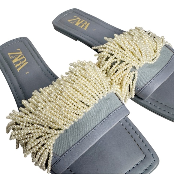 Zara Light Blue Pearl Beads Leather Slides Size 40/9.5 - Picture 2 of 8